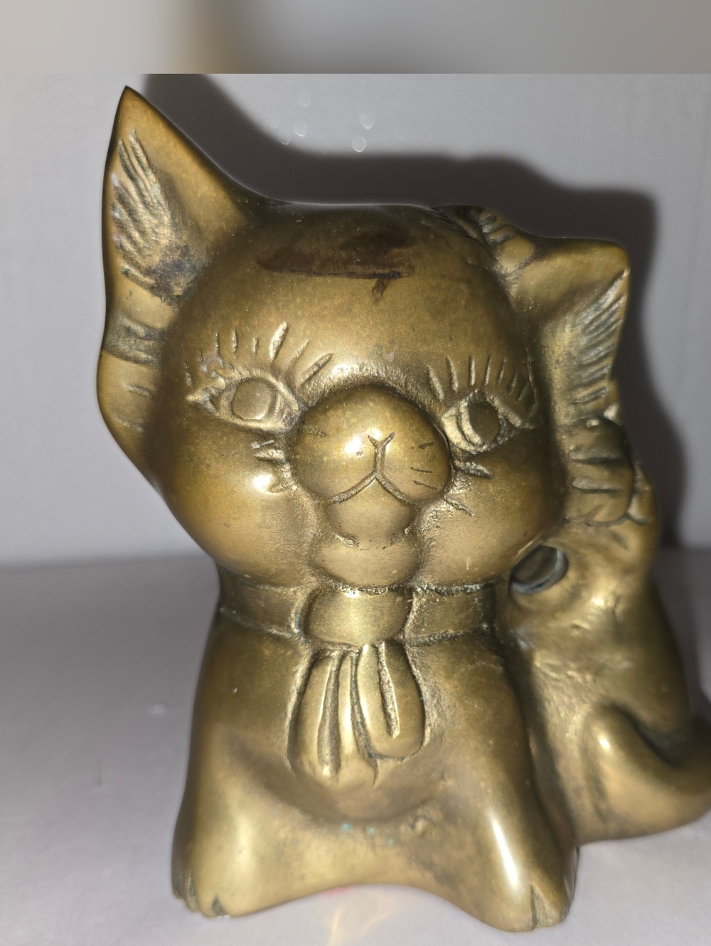 VINTAGE BRASS CAT COIN MONEY BANK 5"